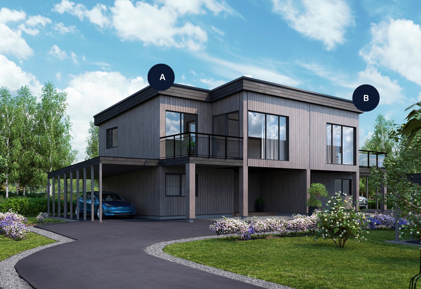 Illustrasjon av tomannsbolig H03A og H03B, samme type bolig er planlagt på H02. Avvik vil forekomme. Galleribilde