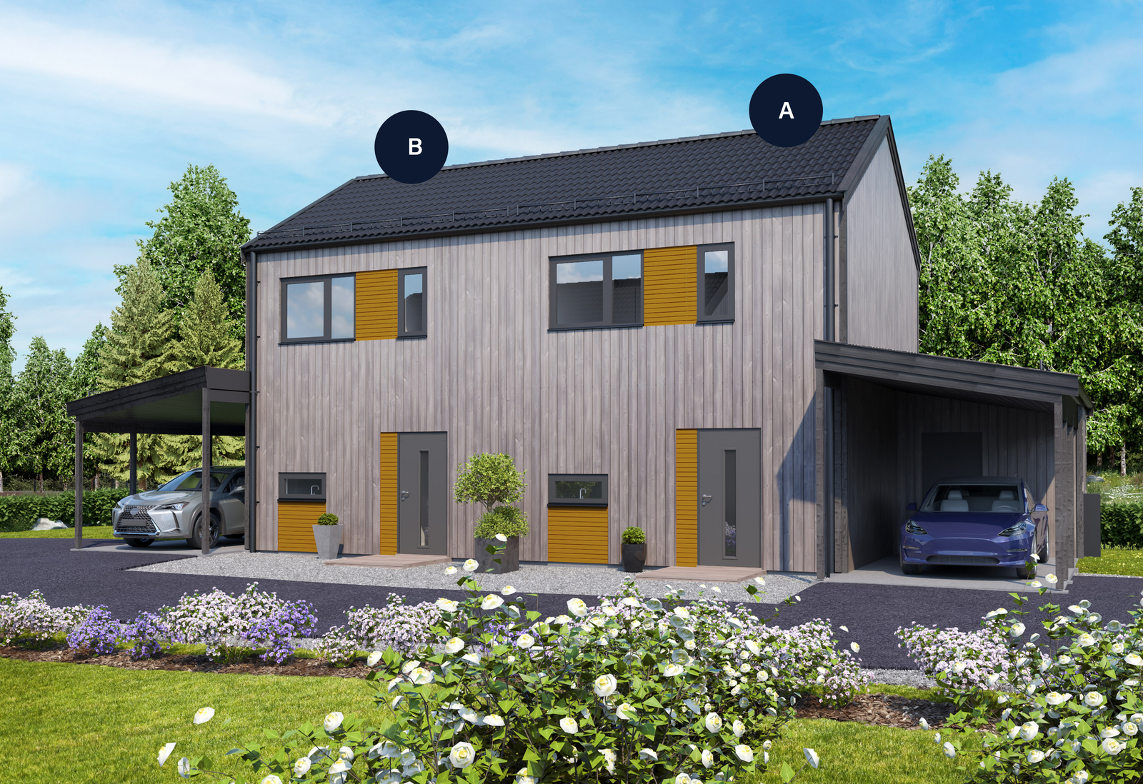 Illustrasjon av tomannsboligen på tomt H06 i byggetrinn 2. Avvik vil forekomme. Galleribilde