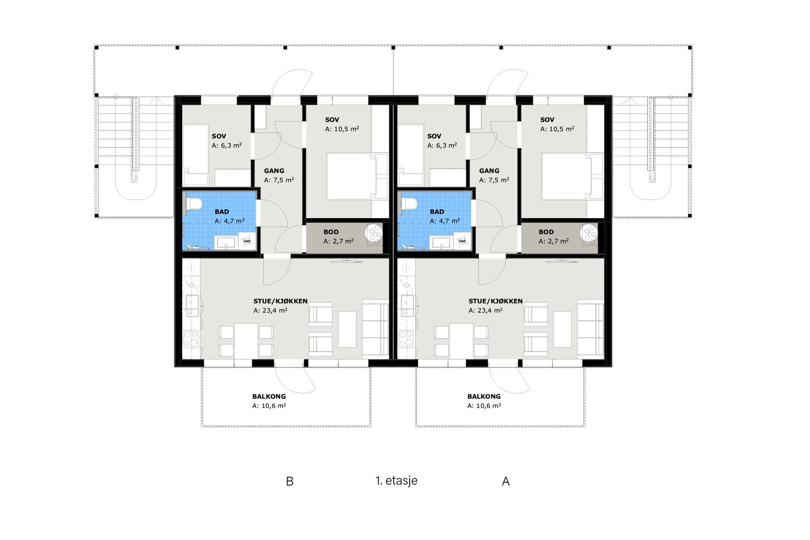 Plantegning 1. etg. Leilighet A til høyre Galleribilde