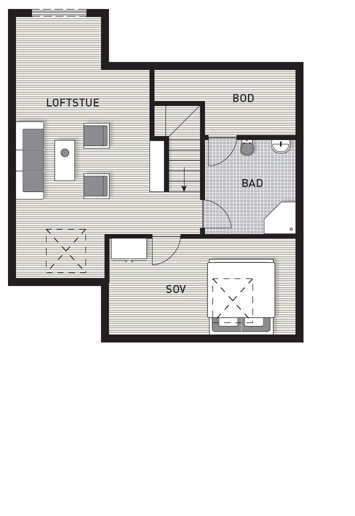 Plantegning av loft tilhørende 2. etasje. Loftsetasje kan variere i utførelse. Galleribilde