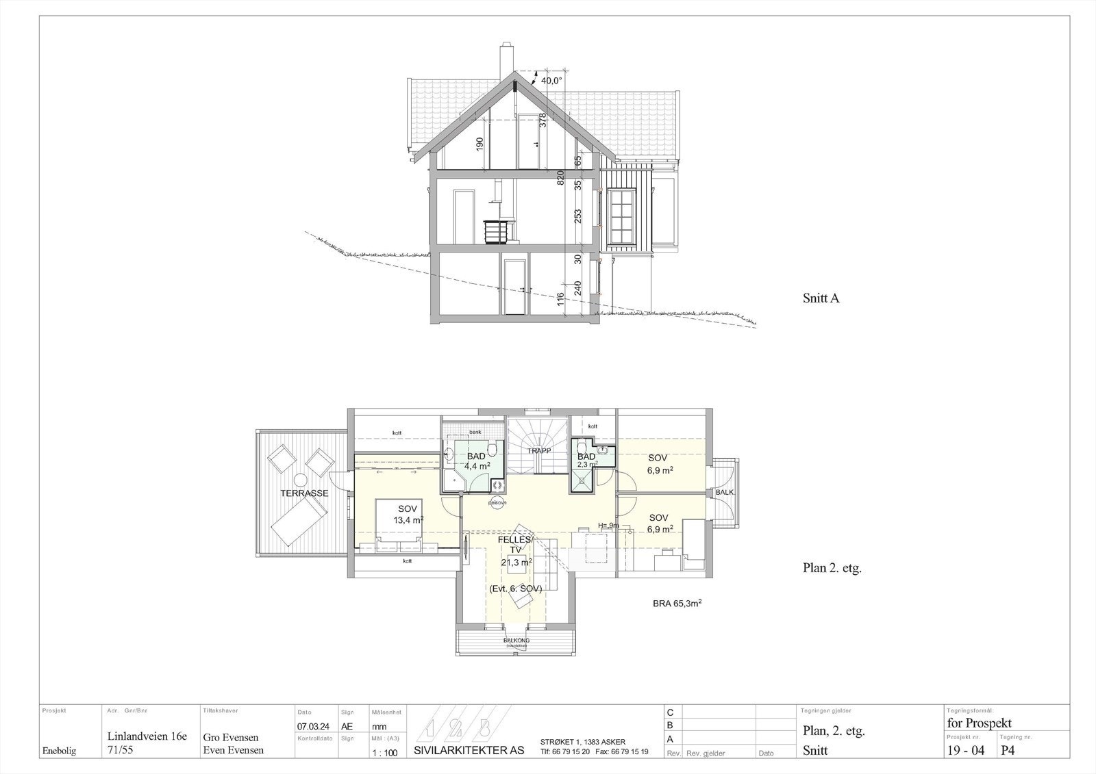 Hus E snitt og plan 2 Galleribilde