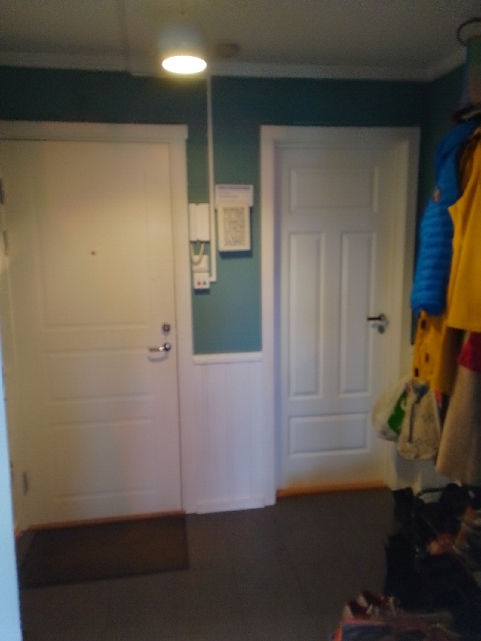 Gangen i leiligheten med dør inn til hybel og dør ut til trappeoppgangen. Galleribilde