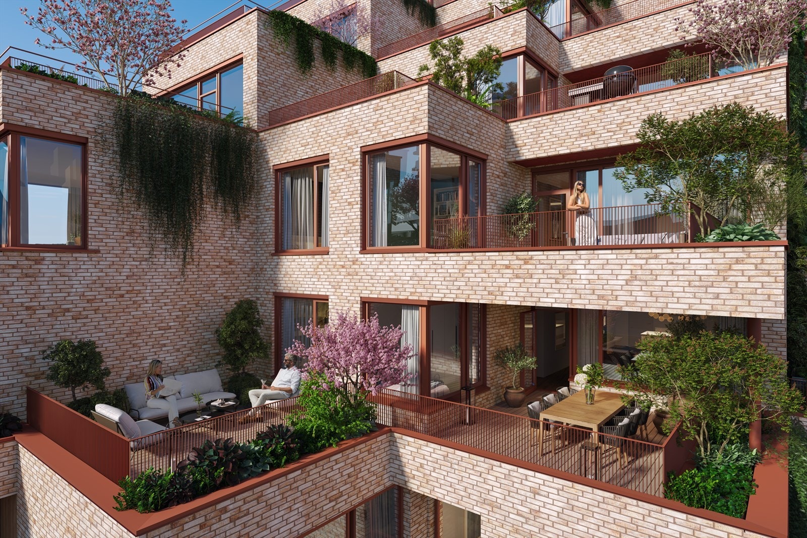 Illustrasjonsbilde som viser flotte utearealer fra flere av leilighetene i prosjektet Galleribilde