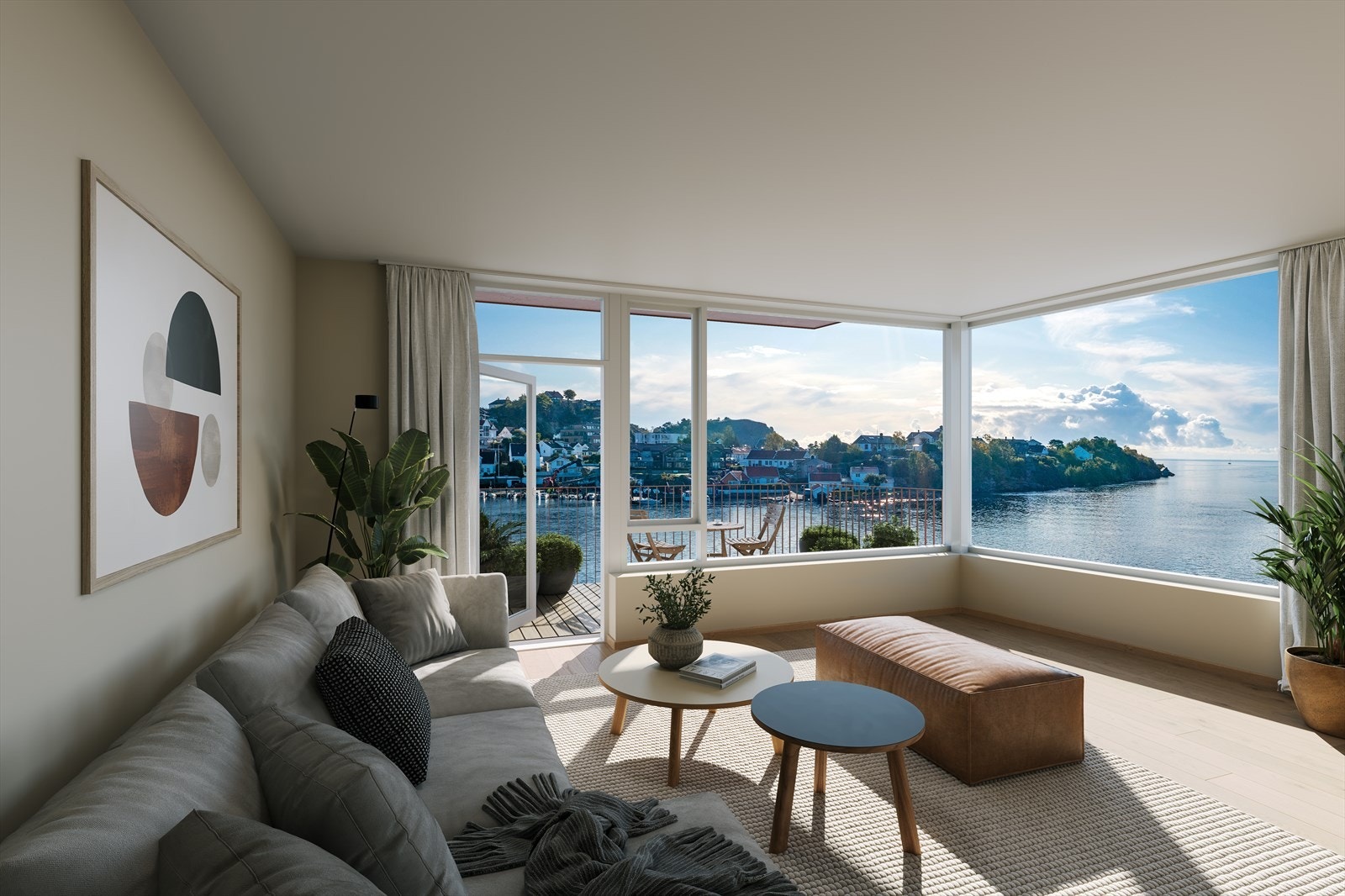 Illustrasjonsbilde interiør og utsikt fra leilighet B0305 - utsikt fra elva ut mot sjøen.jpg Galleribilde