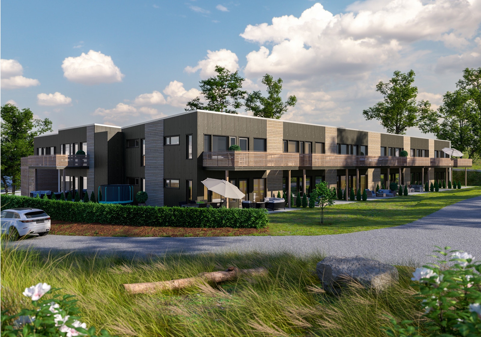 Fasadebildet av vår andre boligtype på feltet, Bygget består av 15 leiligheter på 60-92 kvm. Galleribilde