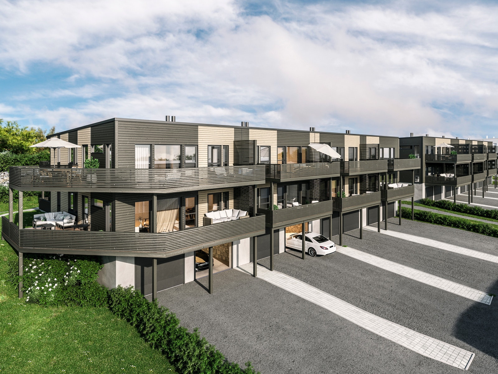 Fasadebilde av vår andre boligtype på feltet. Bygget består av 8 leiligheter på 87-89 kvm hvor hver bolig har privat garasje på ca. 45 kvm. Galleribilde