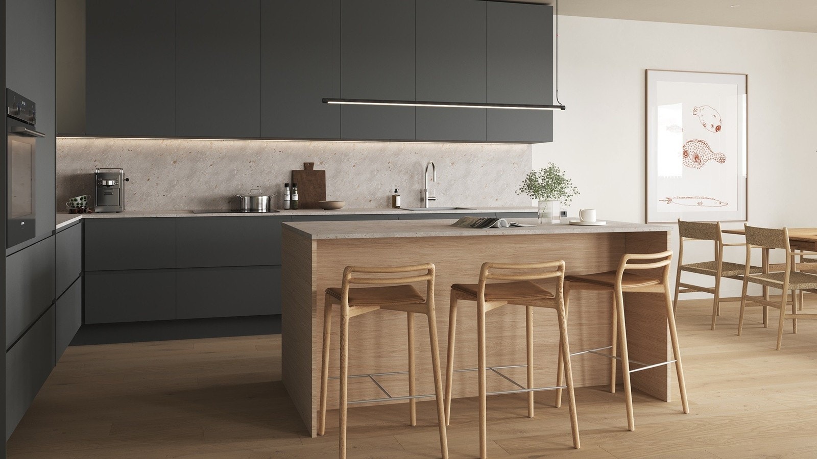 Illustrasjon av det sosiale kjøkkenet til leilighet C6-508. Her kan man enkelt invitere til hyggelige middager. Galleribilde