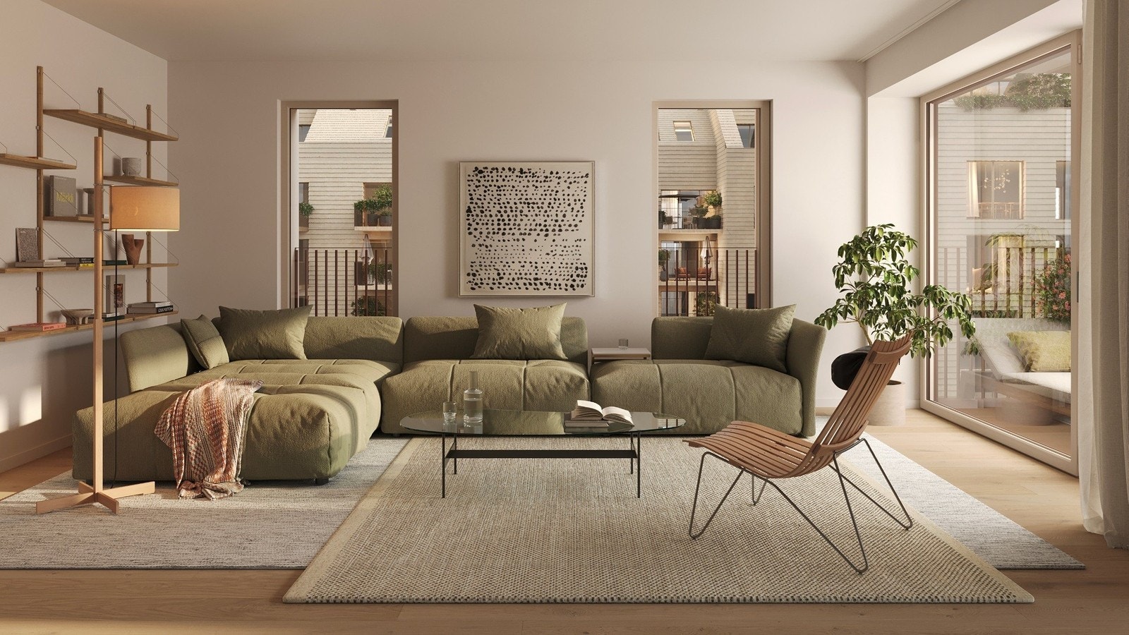 Illustrasjon av det romslige oppholdsrommet til leilighet C6-506 Galleribilde