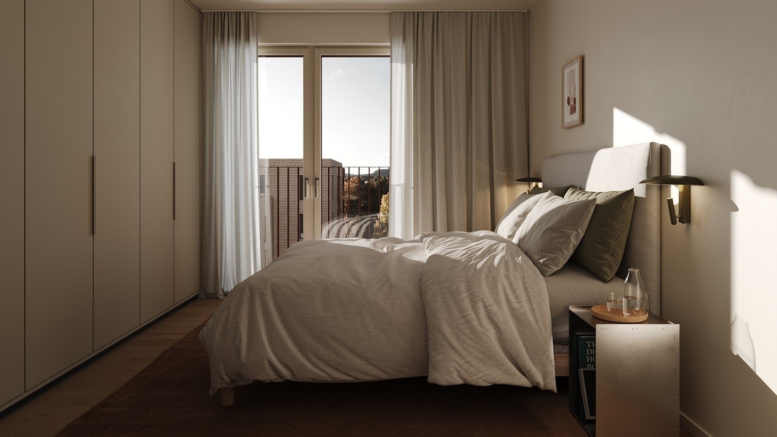 Soverommene i leilighetene er romslige og gir gode muligheter for enkel innredning med både seng og oppbevaring. Dette er en illustrasjon, og avvik kan forekomme. Galleribilde