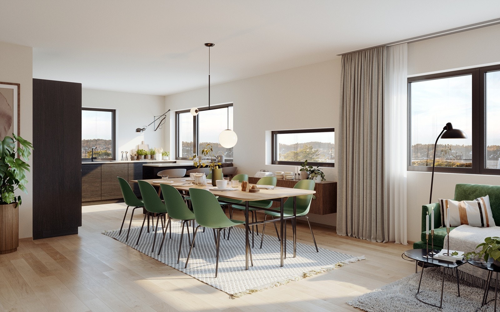 Andre etasje vil bestå av en stor og åpen stue-/kjøkkenløsning med eget gjestetoalett og store vinduer i tre retninger. Illustrasjonsbilde: Bildet viser ikke nødvendigvis helt korrekt ferdigstillelse av prosjektet Galleribilde