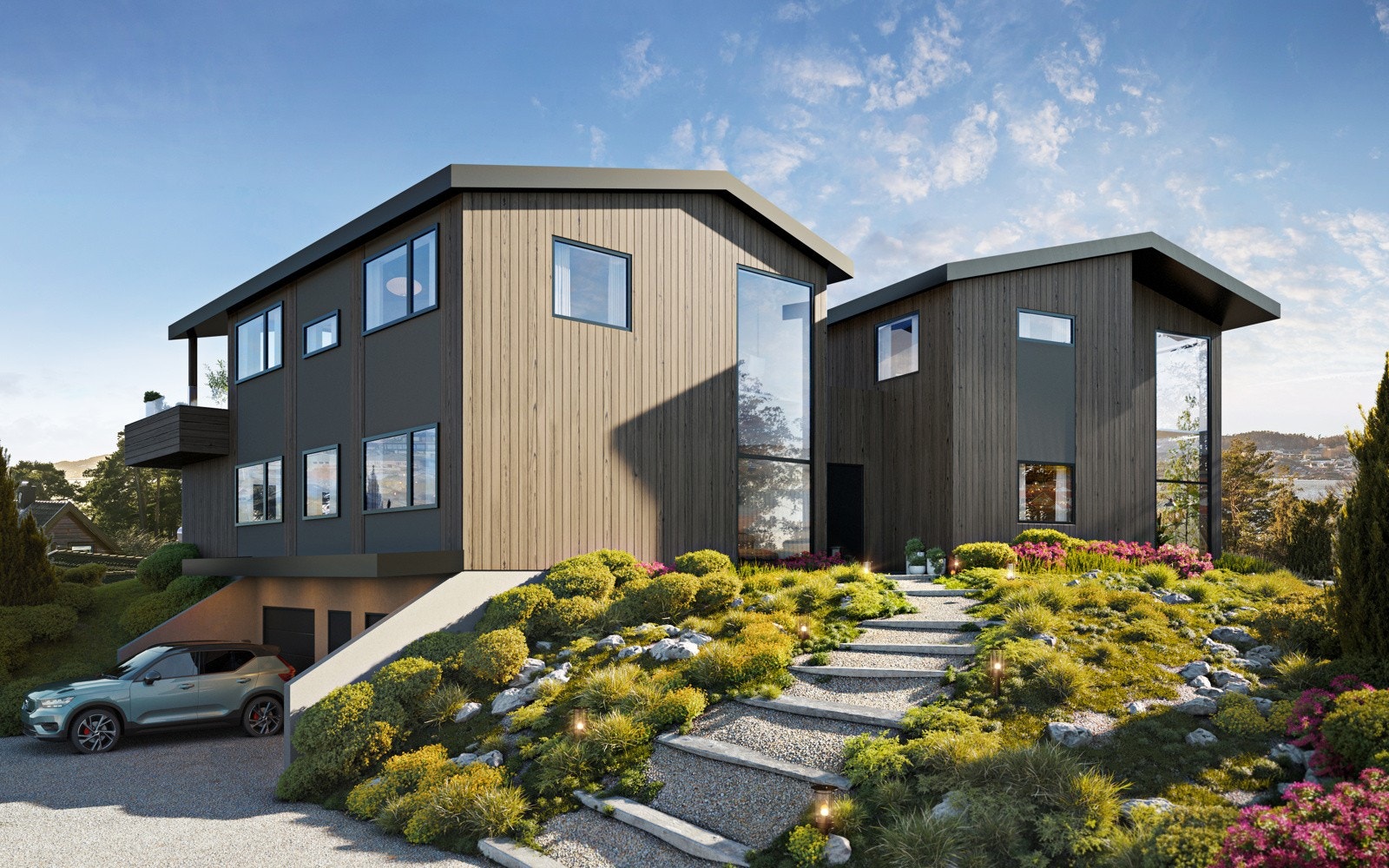 Velkommen til Sukkersletta 10 - Utenfor stuen etableres det en solfylt og dels overbygd veranda på ca. 37,5 kvm, som får glassflater på rekkverket. Illustrasjonsbilde: Bildet viser ikke nødvendigvis helt korrekt ferdigstillelse av prosjektet Galleribilde