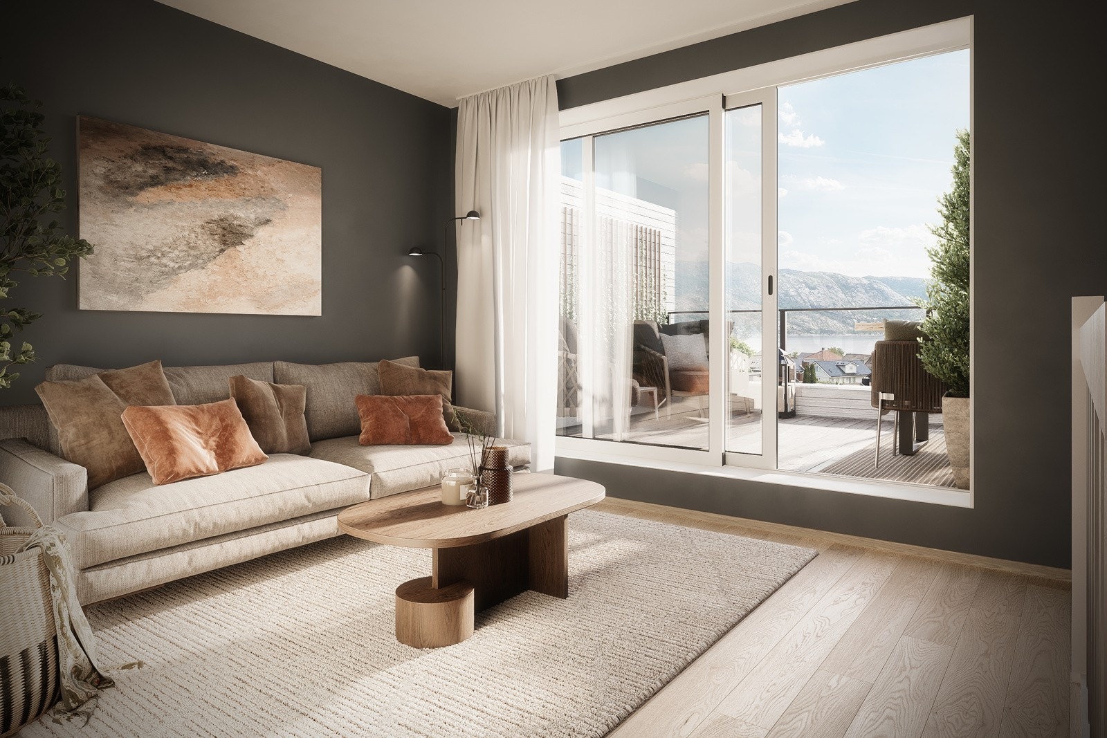 Loftsstue med utgang til takterrasse. Bildet er fra bolig bolig 1009. Galleribilde