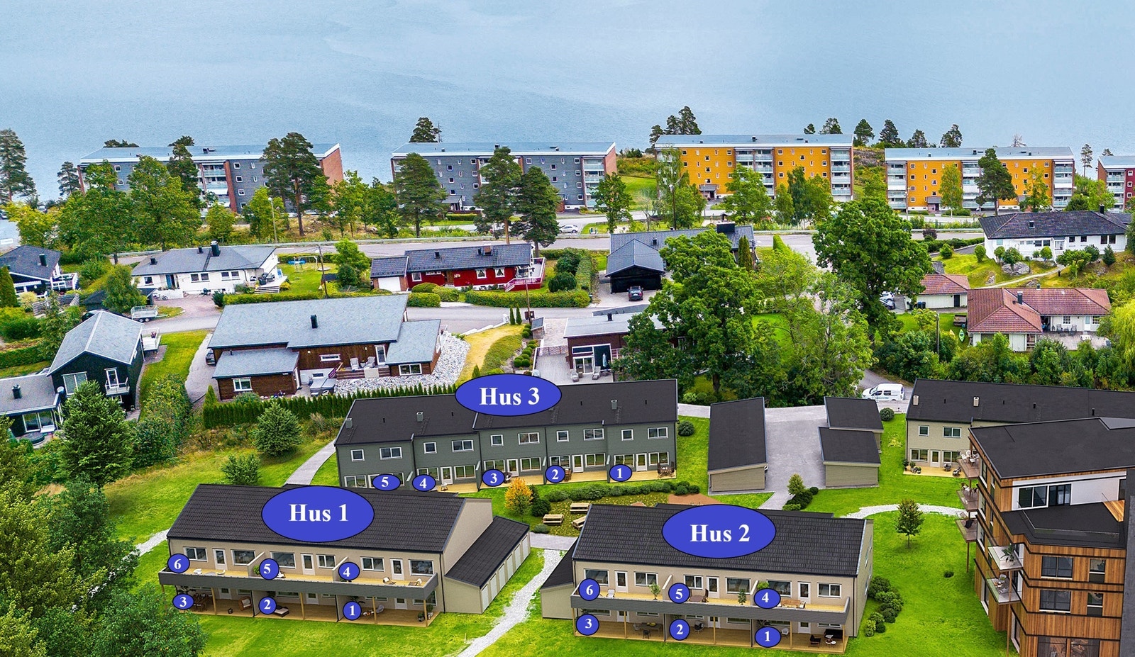 Oversiktsbilde med rekkehus i Hus 3 og leiligheter i Hus 1 og 2. Galleribilde