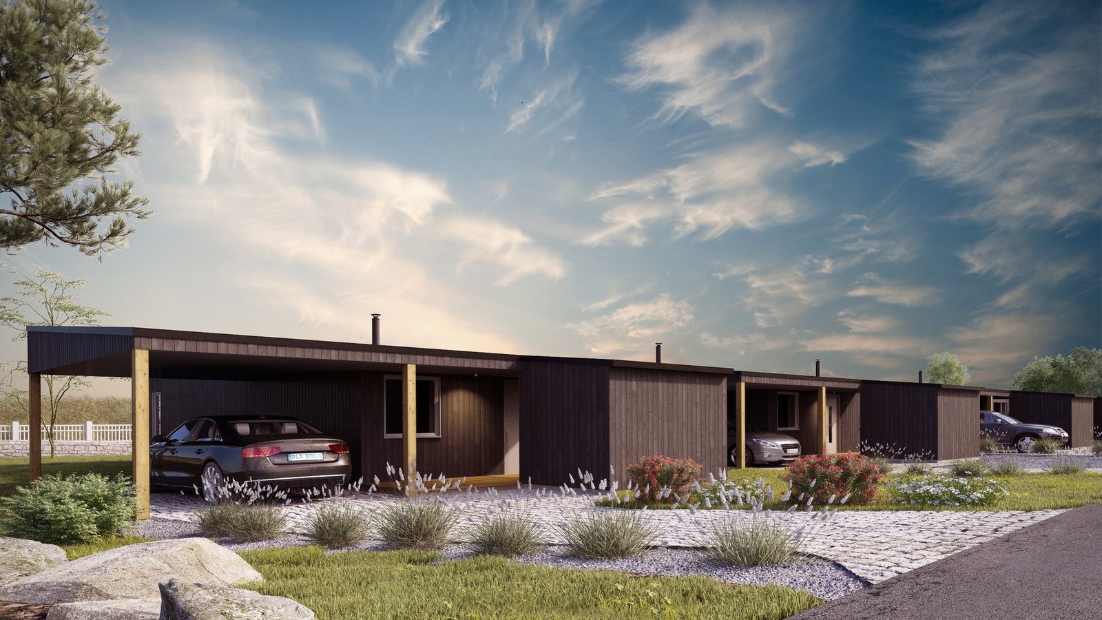 Hver bolig får sin egen carort. Innkjørsel blir asfaltert og grøntområdene tilsådd. Galleribilde