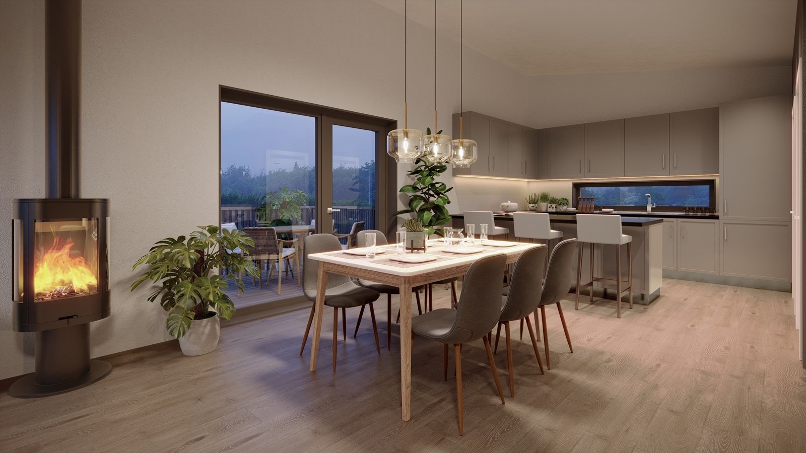 Boligtype 1 og 2: Moderne kjøkkenløsning med direkte utgang til terrasse. Galleribilde