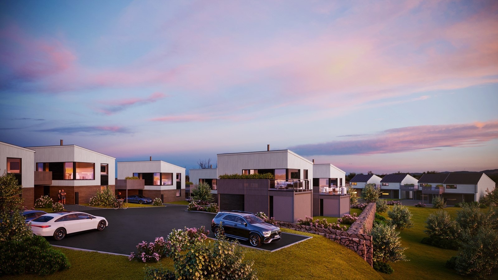 Alle boligtypene har fantastisk beliggenhet med store vindusflater, gode planløsninger med 3-4 soverom, carport og store takterrasser Galleribilde