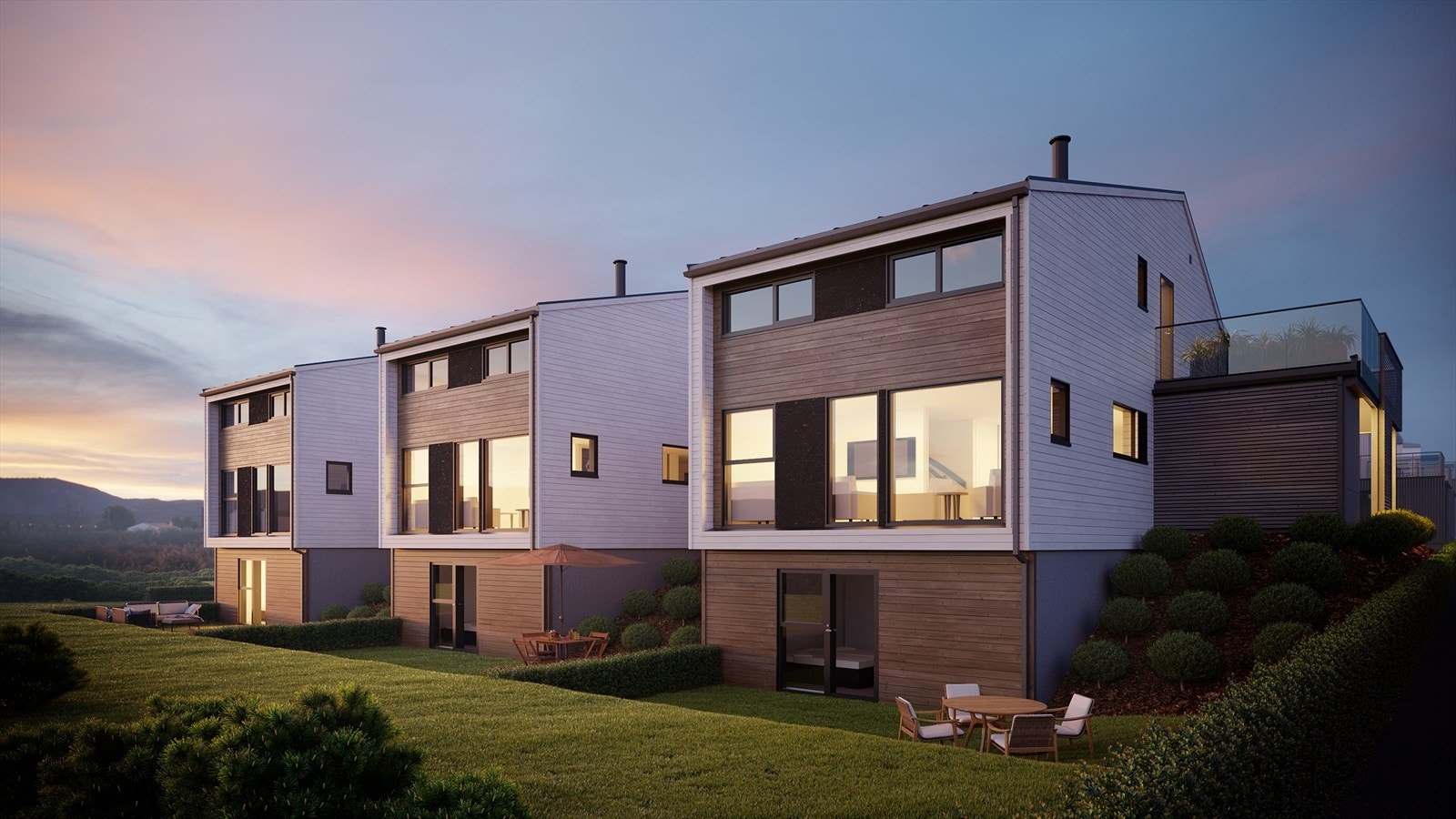 Boligtype 3 er en moderne og romslig enebolig. Inneholder stor stue med åpen kjøkkenløsning, stor loftstue med direkte utgang til takterrasse, 4 store soverom, 2 bad gjestetoalett, vaskerom, gode boder og carport med sportsbod. Galleribilde