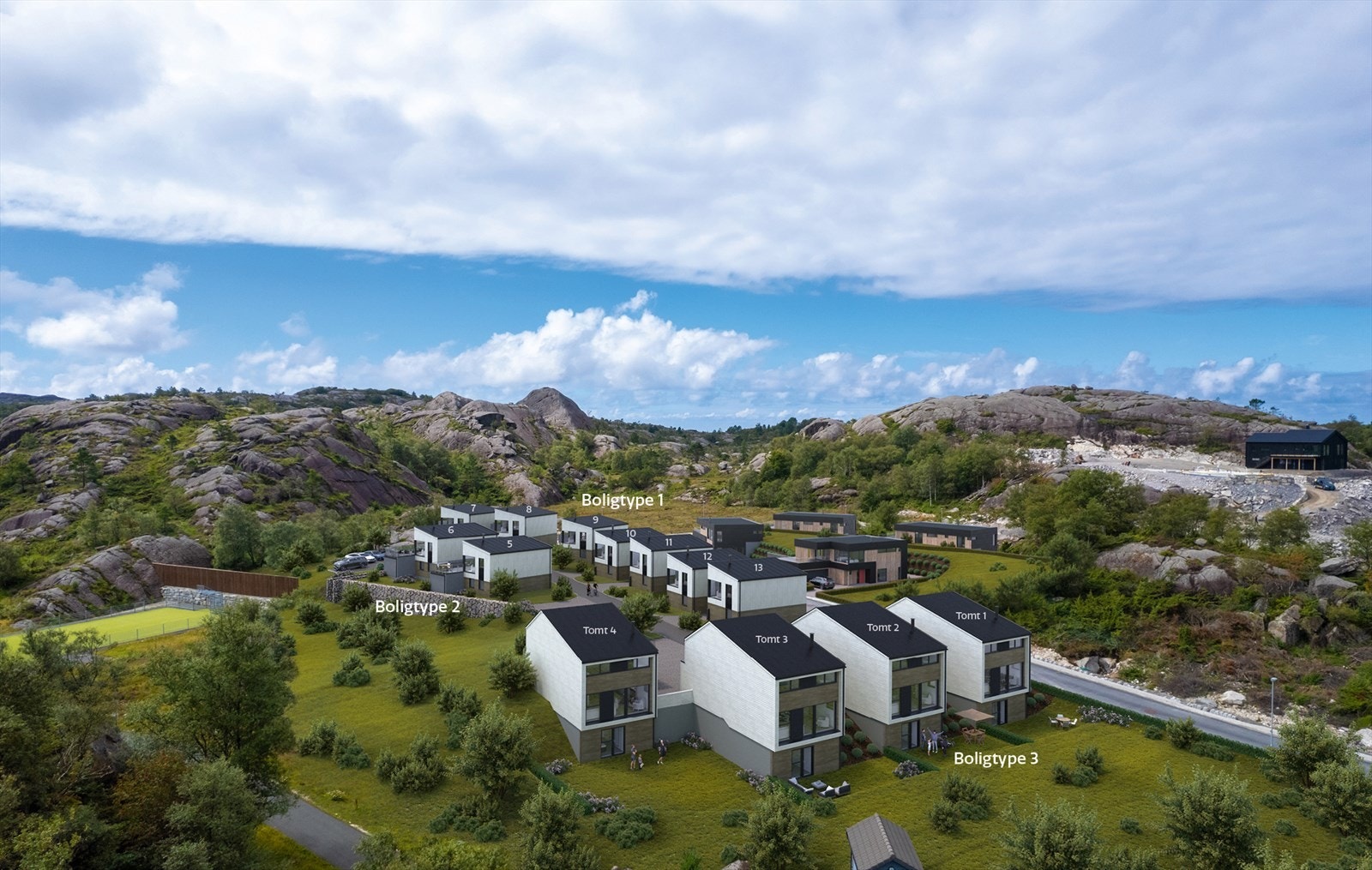 Her har vi for salg 13 eneboliger i tre forskjellige typer/størrelser. Galleribilde