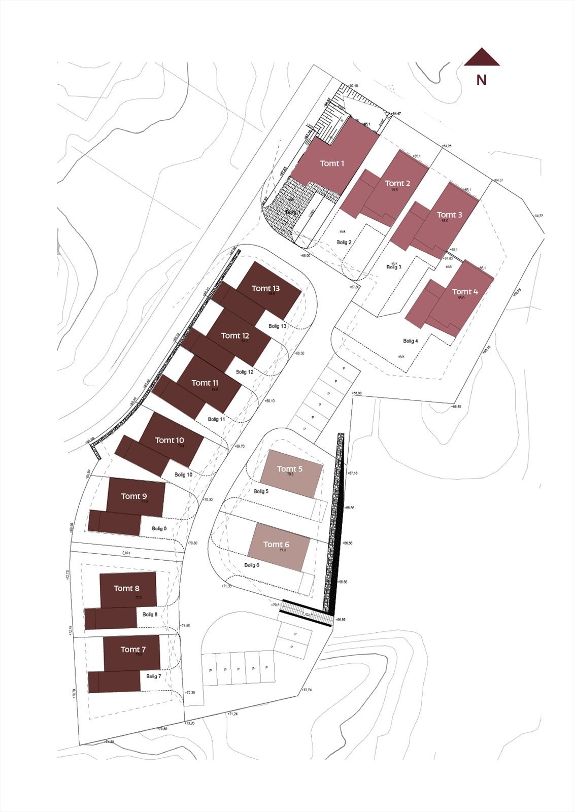 Oversiktskart over boliger på feltet. Boligtypene er merket med forskjellige fargekoder. Galleribilde