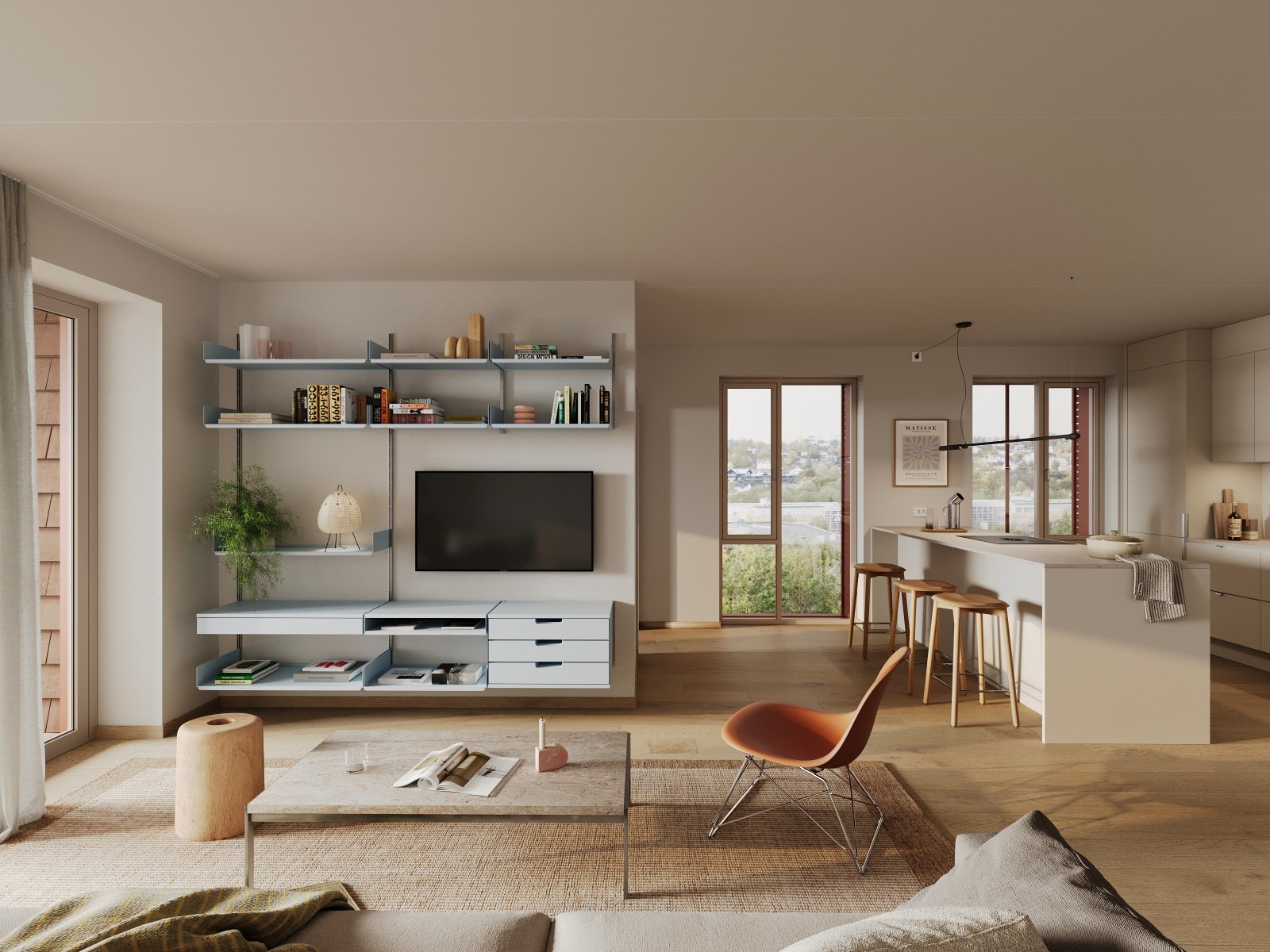 Illustrasjon av det luftige oppholdsrommet til leilighet C1-506. Galleribilde