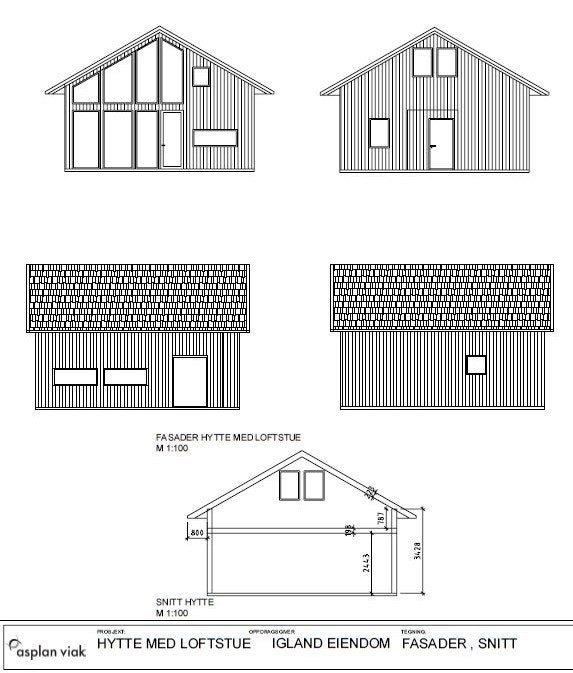 Tegning fasade hytte med loftstue Galleribilde