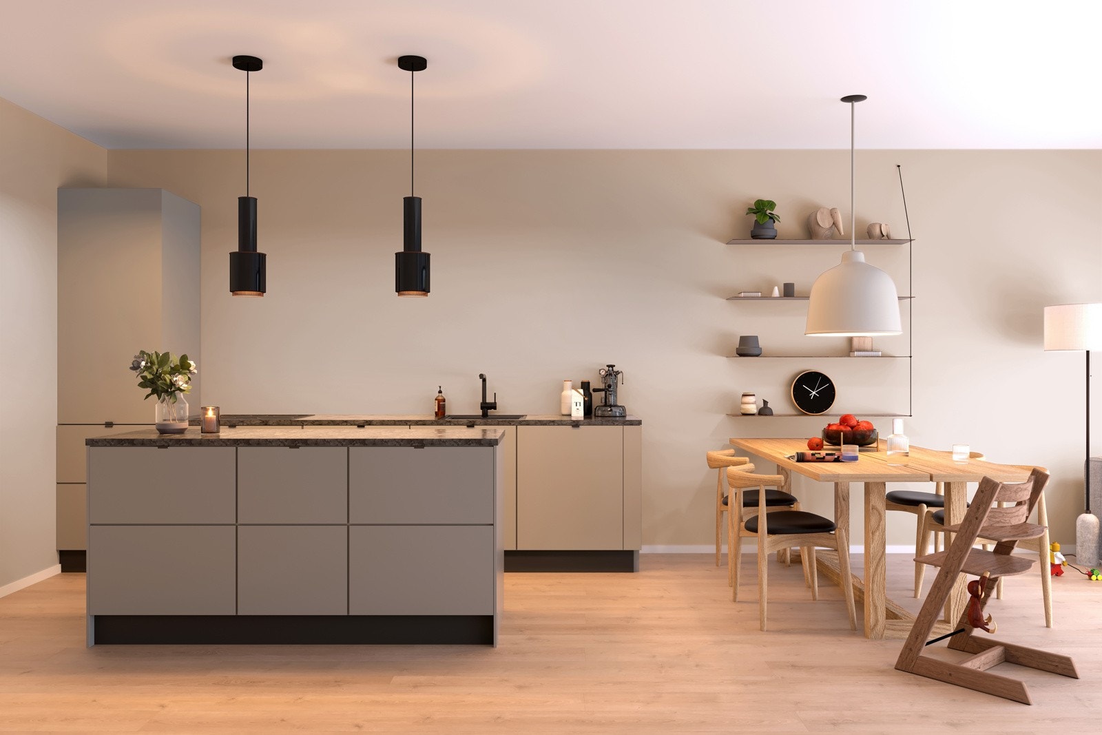 Første etasje er stor og luftig med åpen kjøkkenløsning av god kvalitet hvor alle hvitevarer er integrert. (illustrasjonsbilde, avvik kan forekomme). Galleribilde