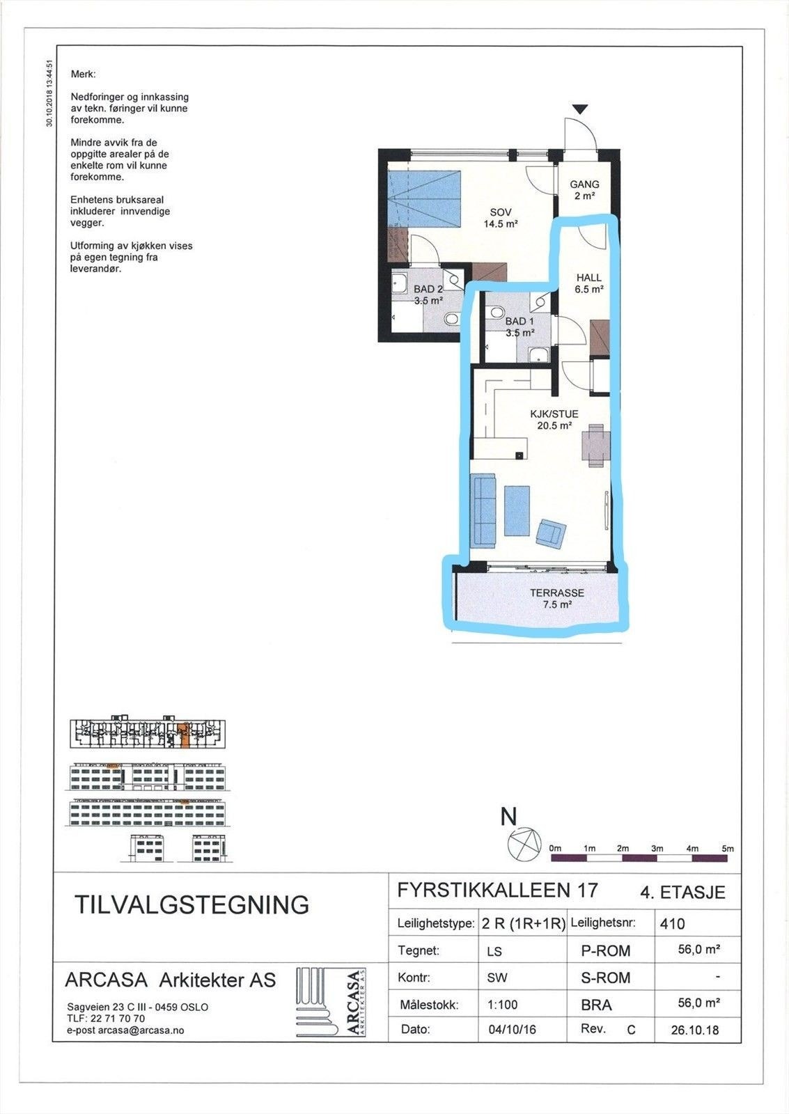 Plantegning i blått omriss. Hybelen er 36 kvm. Galleribilde