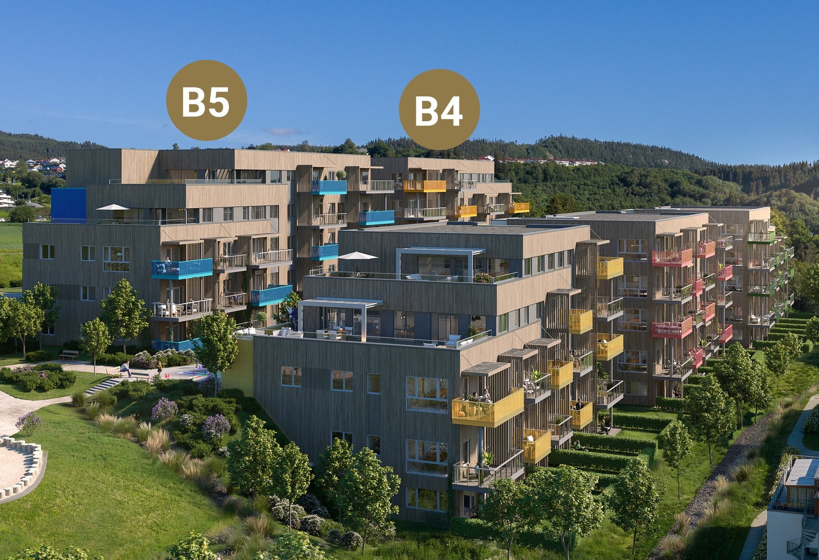 Prosjektet har en fantastisk beliggenhet på Ranheim. Bygg B4 og B5 er markert med sin beliggenhet. Illustrasjon, endringer vil forekomme. Galleribilde