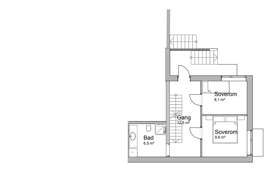 skissetegning av inngang, bad og 2 sov. Galleribilde