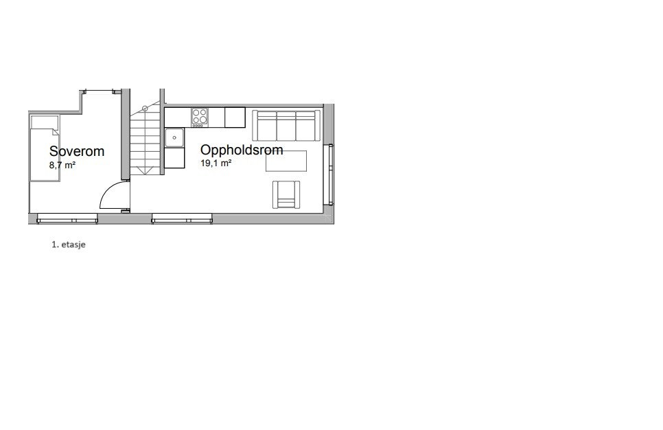 i 1. etasje er stue/kjøkken løsning med store vindu for lysinnslipp, inkl. 1 soverom. Galleribilde