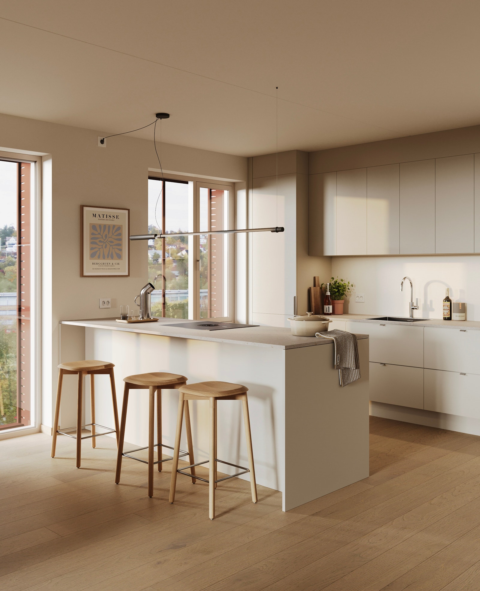 Alle leilighetene har et moderne og tidløst kjøkken i ulike løsninger, designet for å skape en sosial og innbydende atmosfære for hele familien. Dette er en illustrasjon, og avvik kan forekomme. Galleribilde