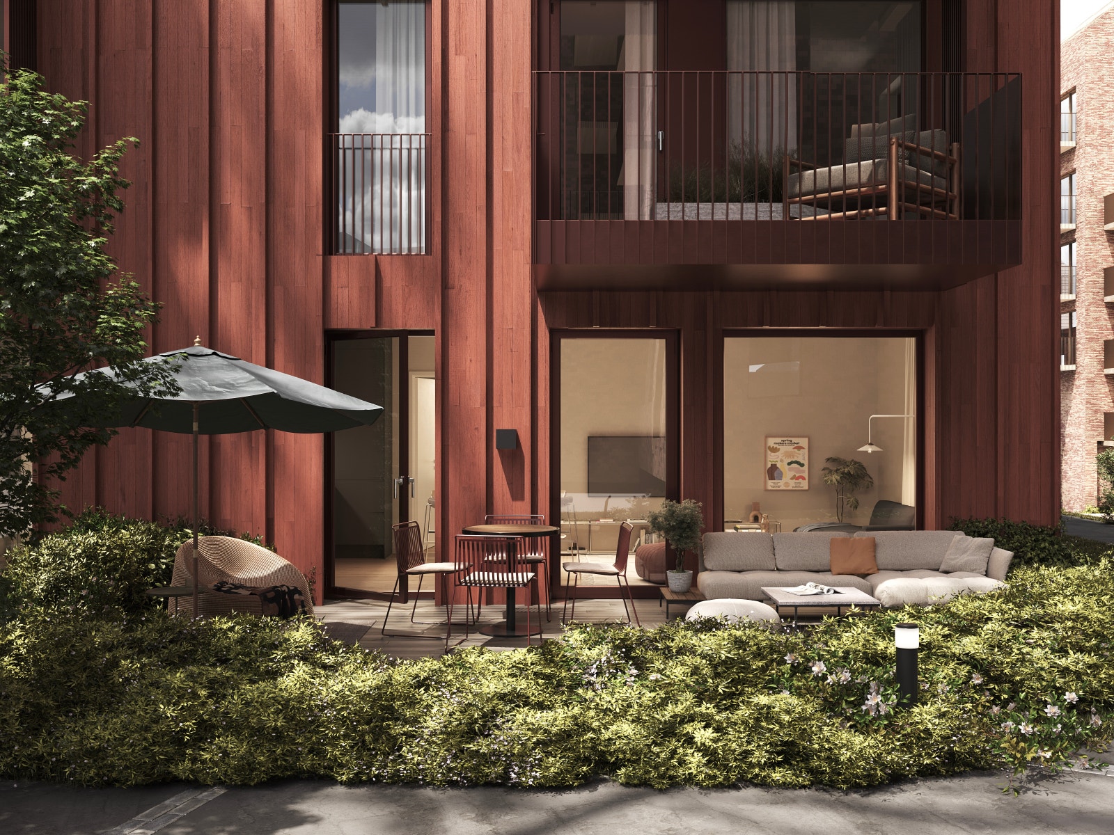 Uteområdene tilbyr flere sosiale soner for sammenkomster og felles aktivitet, men like fullt skjermede steder for egen aktivitet og ro. Dette er en illustrasjon, og avvik kan forekomme. Galleribilde