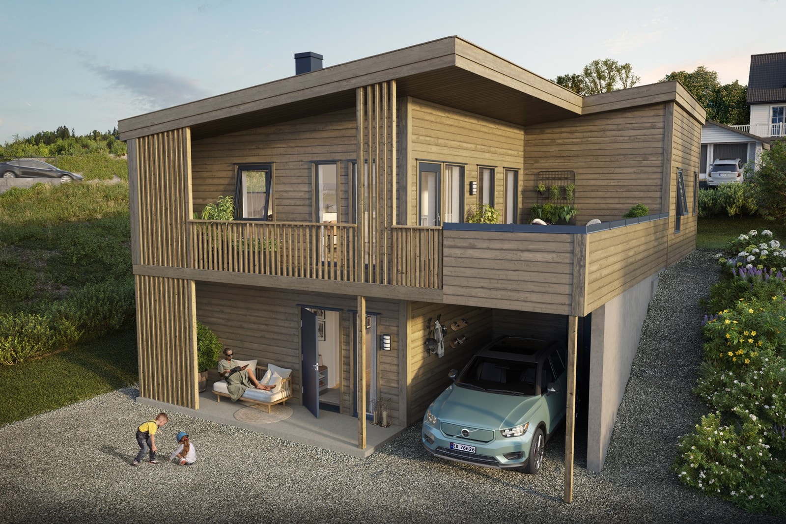 Kjekstad. et moderne hus med carport under terrassen. (Tomtene leveres ikke opparbeidet med plen og beplantning) Galleribilde