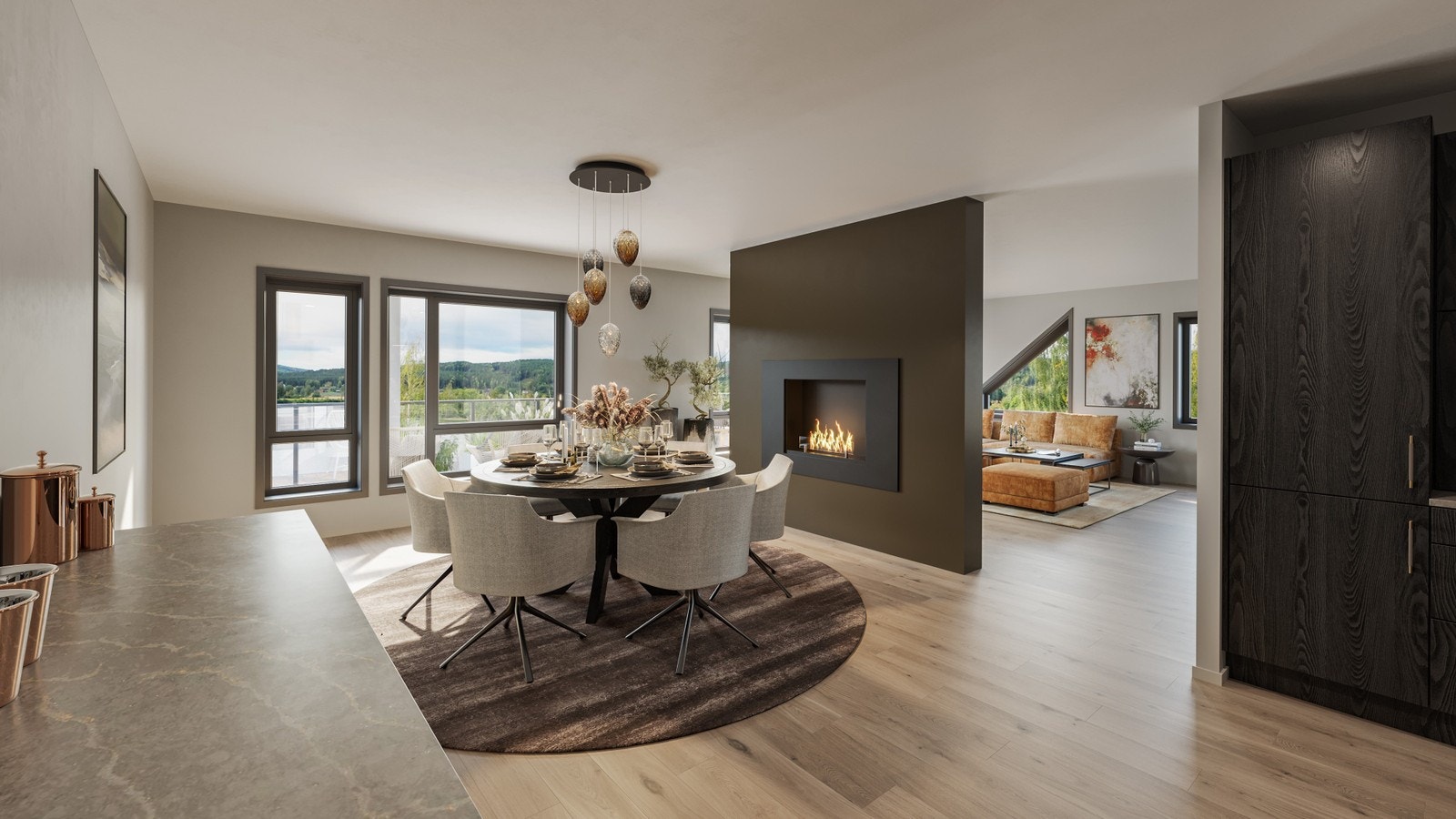 Åpen stue/kjøkken stor leilighet - Illustrasjon Galleribilde