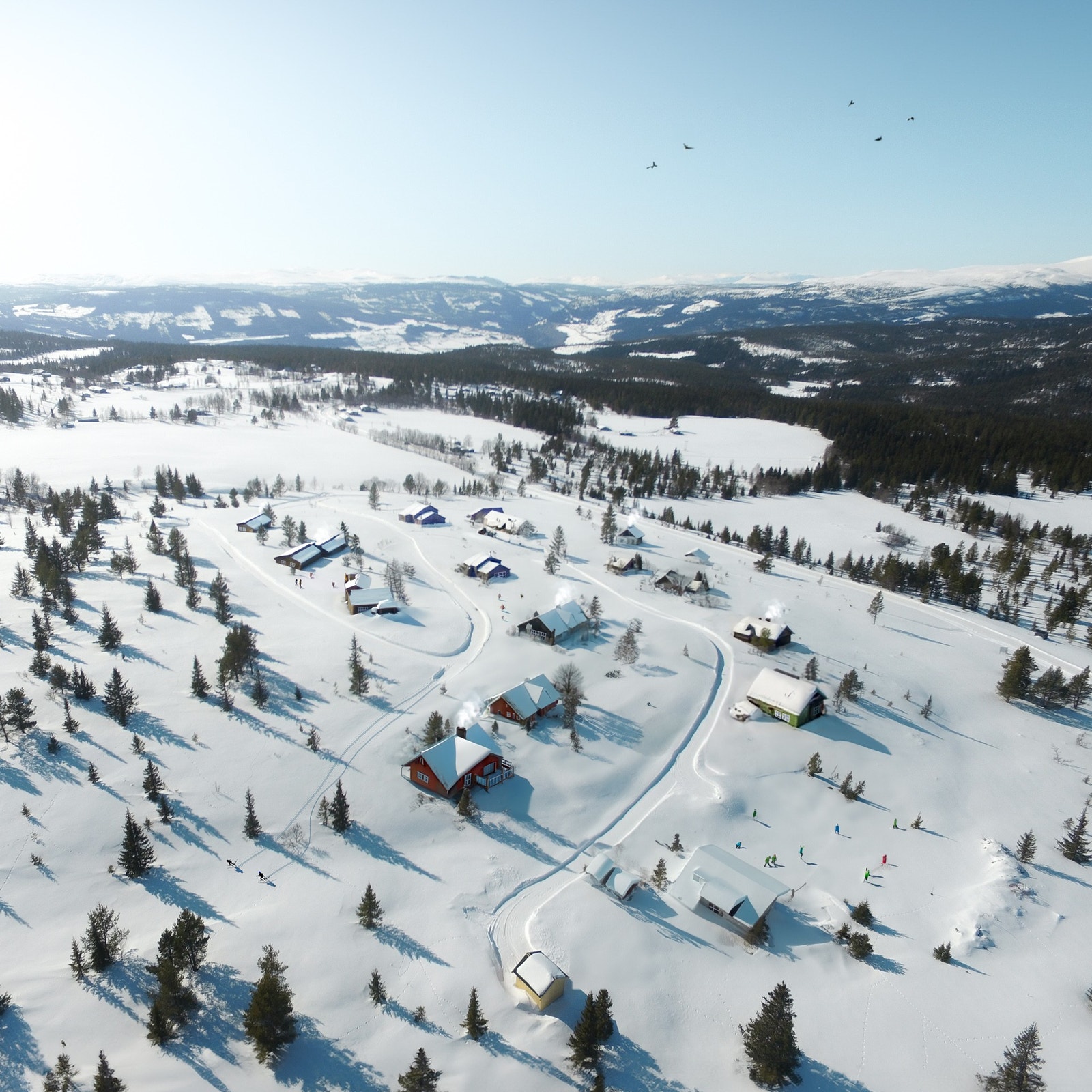 Slik kan det se ut når noen av hyttene er bygd :) Laget ved hjelp av KI Galleribilde