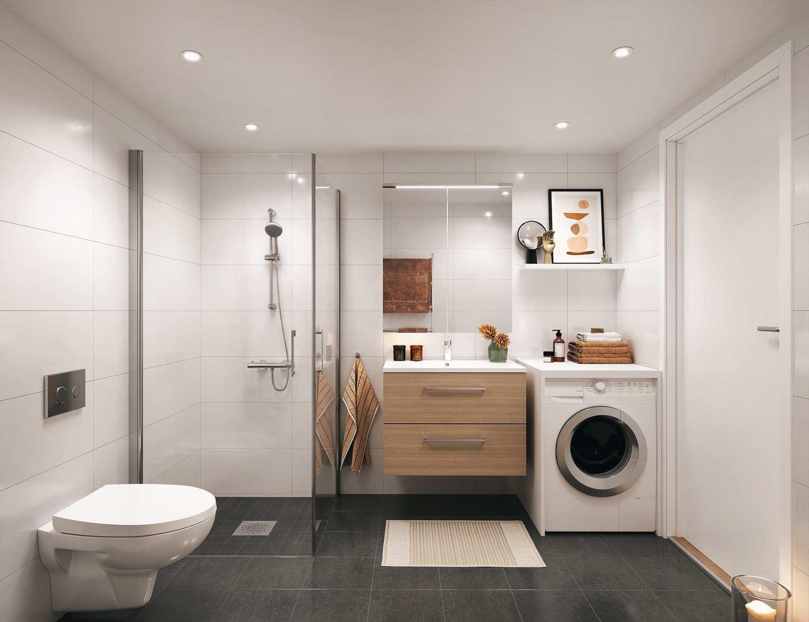 Leilighetene leveres med moderne og tidløse bad med fliser på gulv og vegger, varmekabler, innredning med speil og lys over, dusj med innsvingbare glassdører, downlights i himling og plass til vaskesøyle. Galleribilde