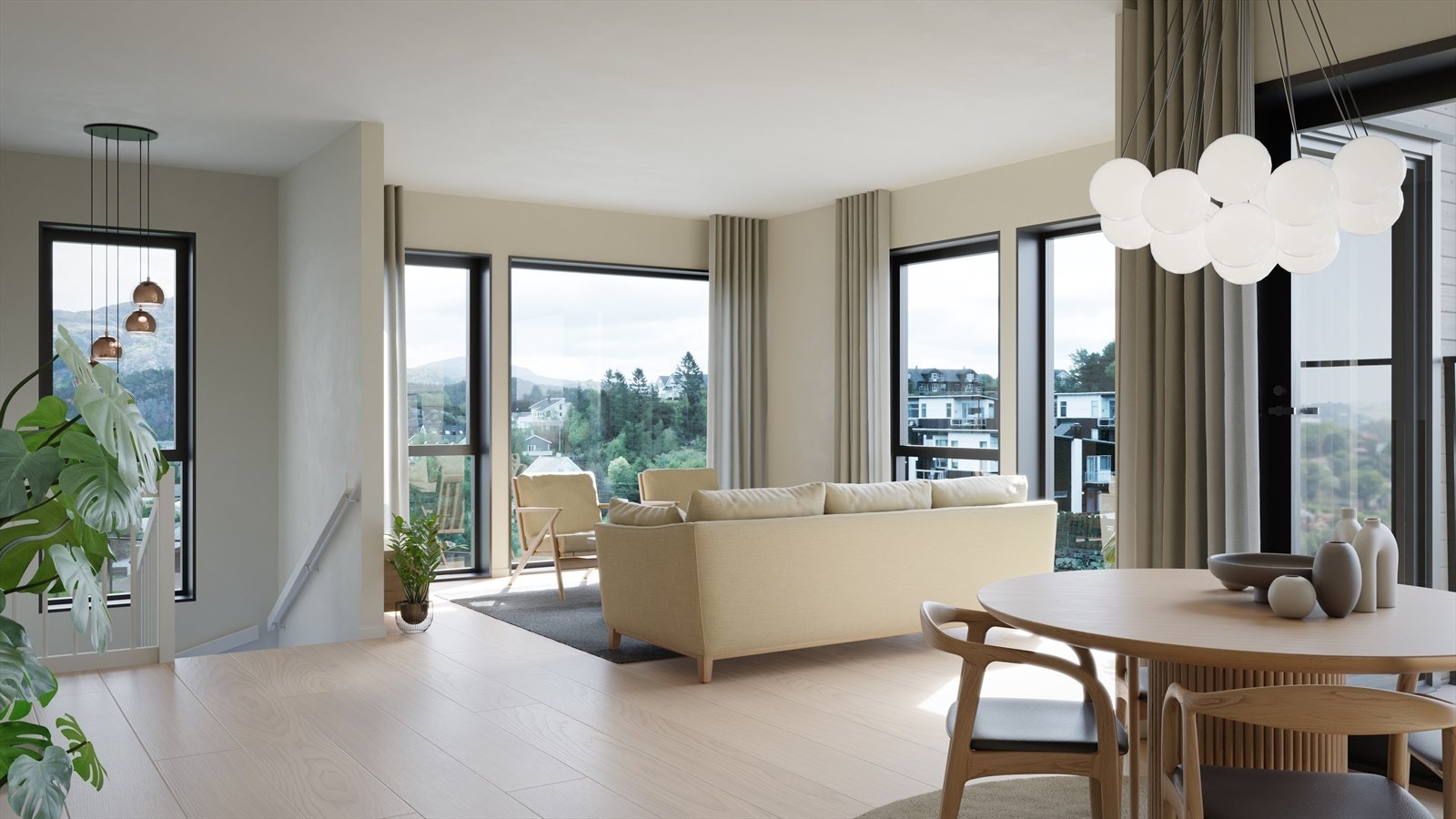 Boligene i Stiaberget 181-183 har store vindusflater og høy kvalitet på materialer og utførelse. Her illustrasjon fra Stiaberget 183B Galleribilde