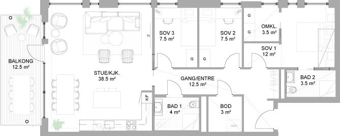 Plantegning 4-roms Galleribilde