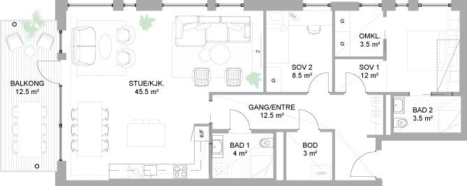 Plantegning 3-roms Galleribilde