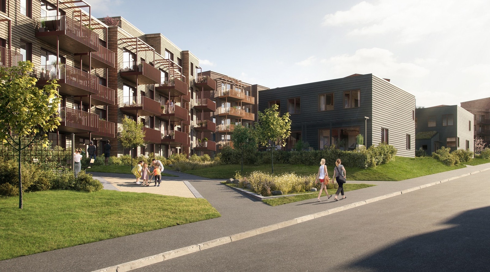 Her vil det bli opparbeidet herlige uteområder og fellesarealer for beboerne. Illustrasjon, avvik vil forekomme. Galleribilde