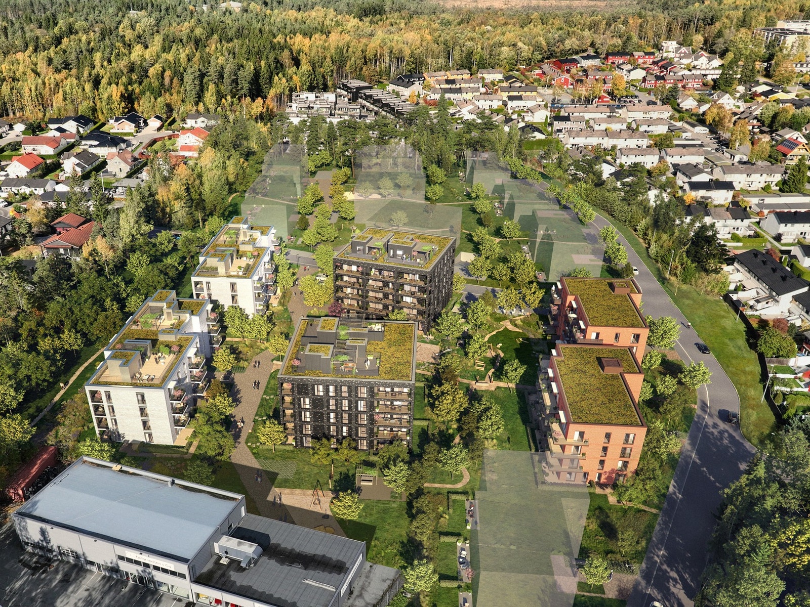 Oversiktsbilde av trinn 1 og 2 med tilsammen 116 Plussboliger på Solbergskogen Pluss. Galleribilde