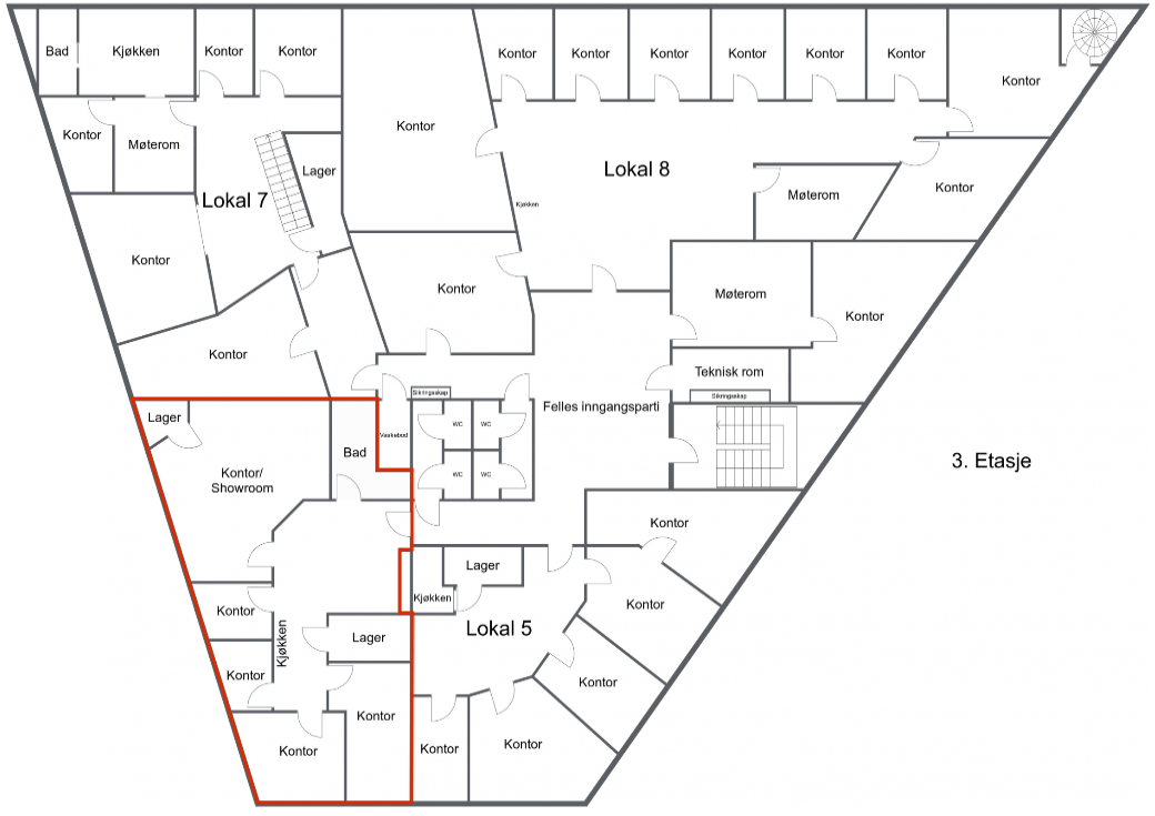 Plantegning, lokalet er market i rødt. Galleribilde