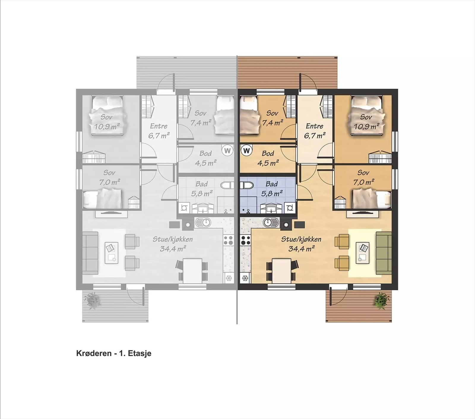 Plantegning 1. og 2. etg. med 3 soverom Galleribilde