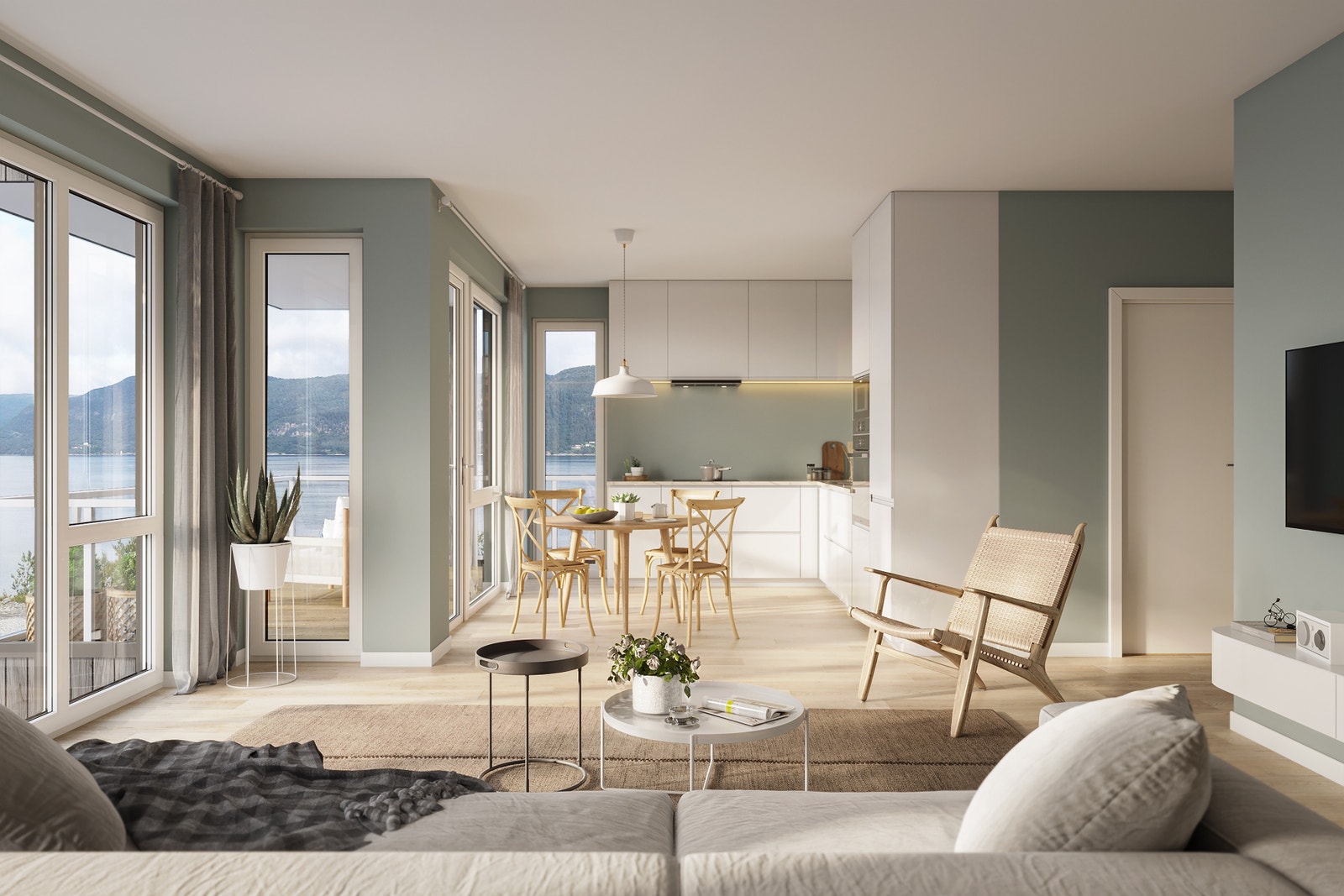 Leilighetene har åpen stue-/kjøkkenløsning med vannbåren gulvvarme i de fleste rom. Galleribilde