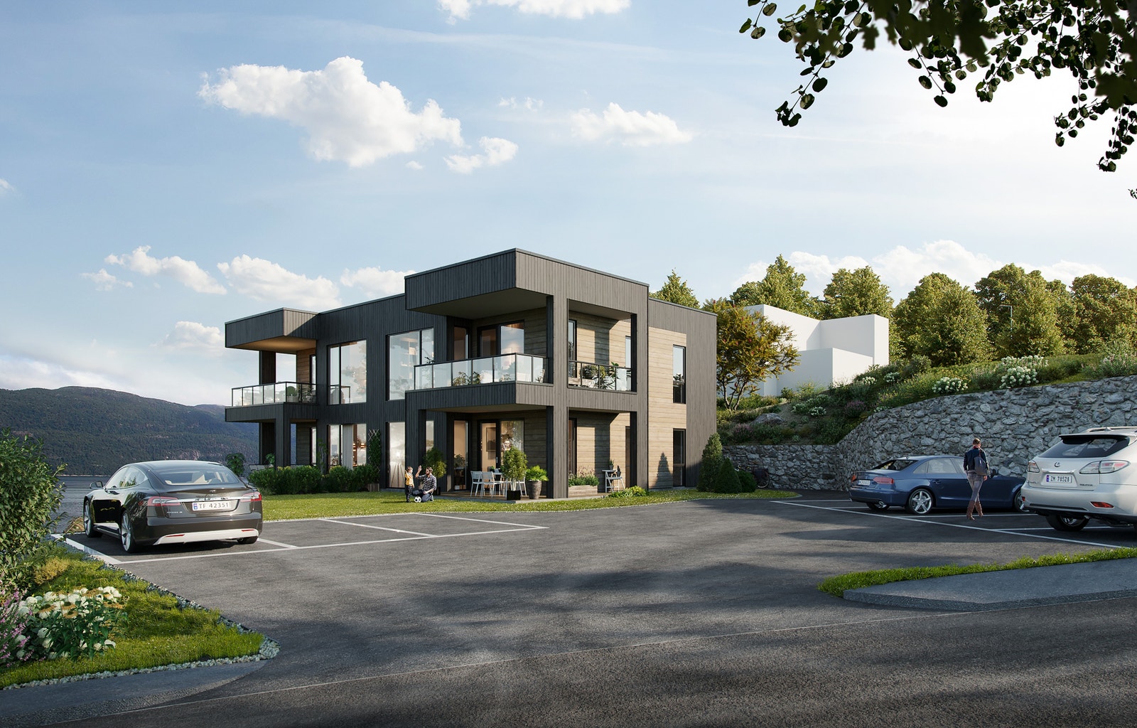 3D illustrasjon av ferdig bygg. Galleribilde