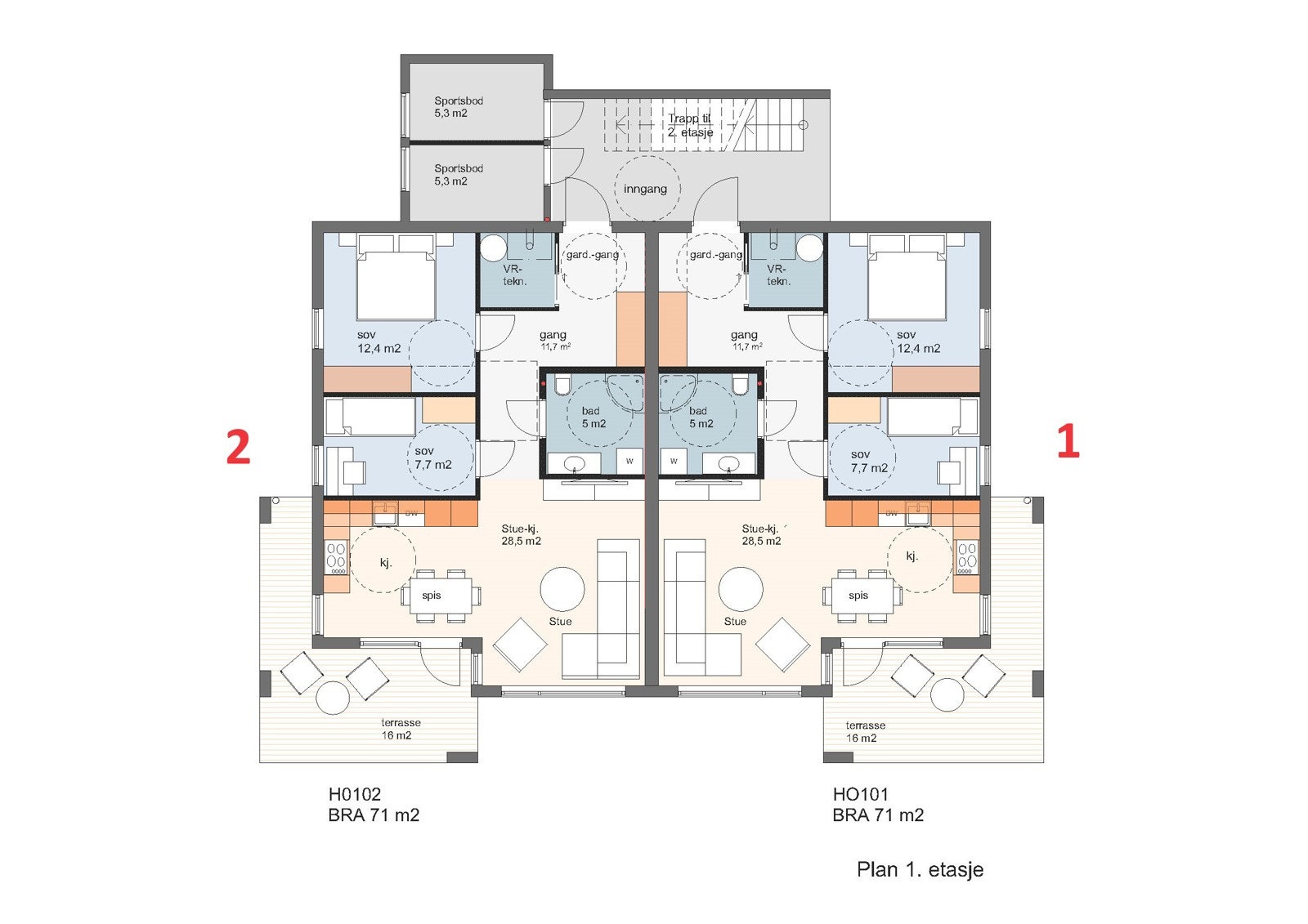 Plantegning 1. etasje (seksjon 1 og 2). Galleribilde