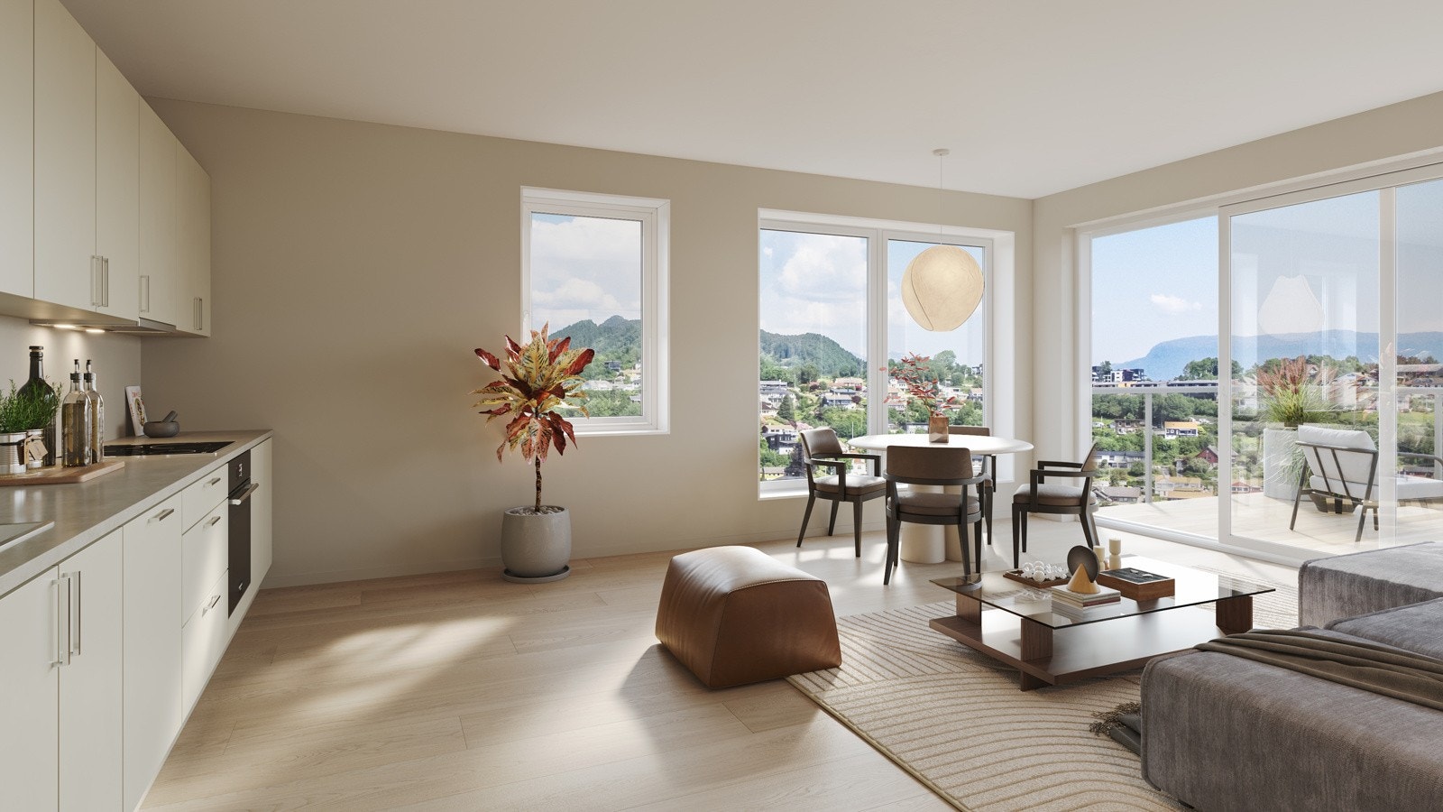 Fra stuen vil man ha utgang til en privat og solrik balkong. Store vinduer gjør stuen lys og luftig. Illustrasjonsbilde. Endringer og avvik kan forekomme Galleribilde