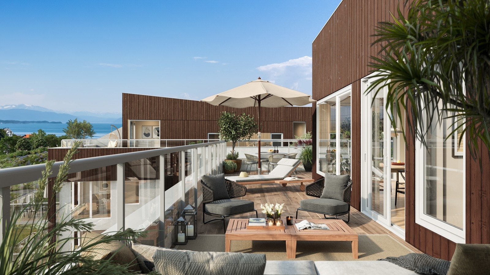 Alle leilighetene vil få romslige balkonger, de øverste leilighetene får private takterrasser. Illustrasjonsbilde. Endringer og avvik kan forekomme Galleribilde