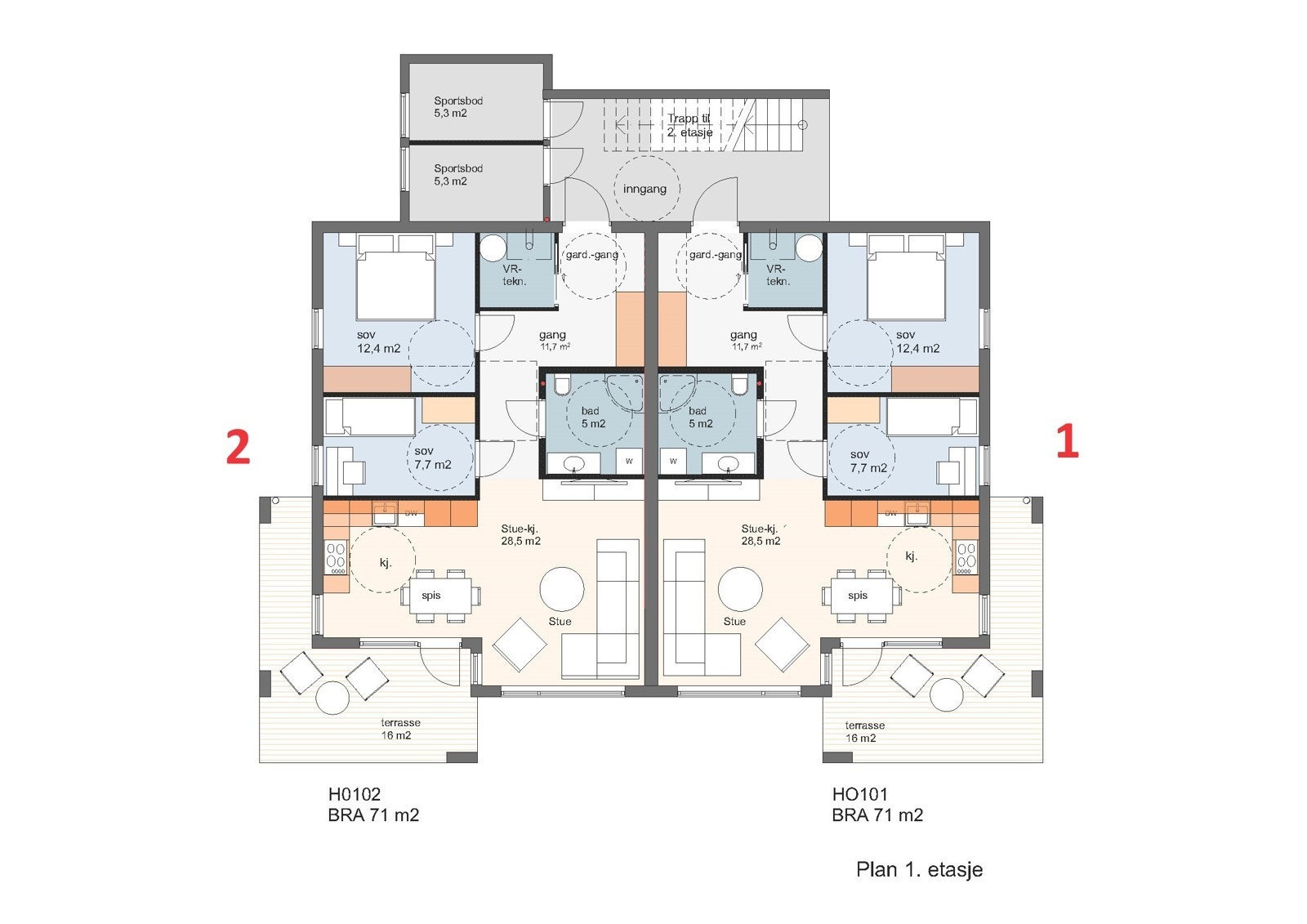 Plantegning 1. etasje (seksjon 1 og 2). Galleribilde
