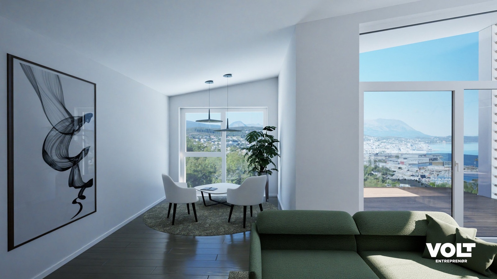 Fra boligene vil du få en fantastisk utsikt ut mot Harstad by og Vågsfjorden. Galleribilde